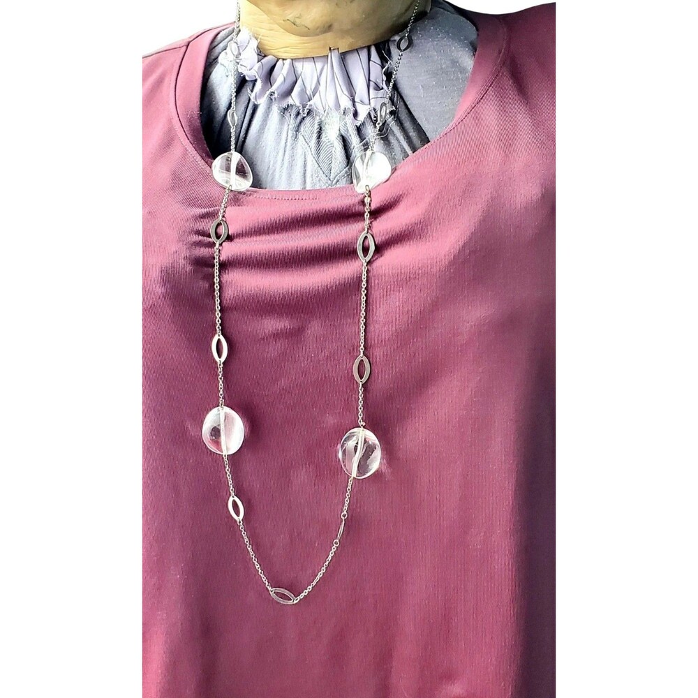 Vintage Long Silver Tone Station Necklace Clear Glass Lucite Resin Beads 39”
